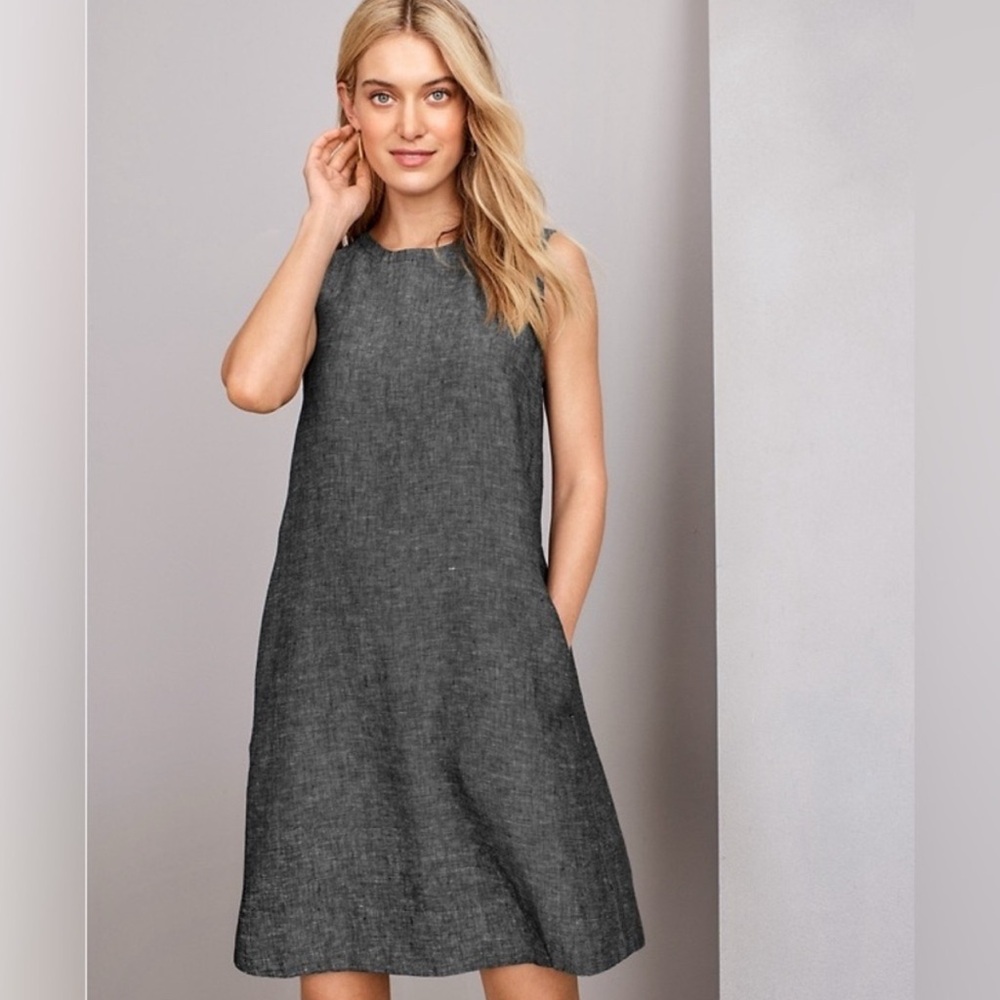 Eileen Fisher Dress Womens Large Organic Linen Lyocell Black Tweed Shift Pocket